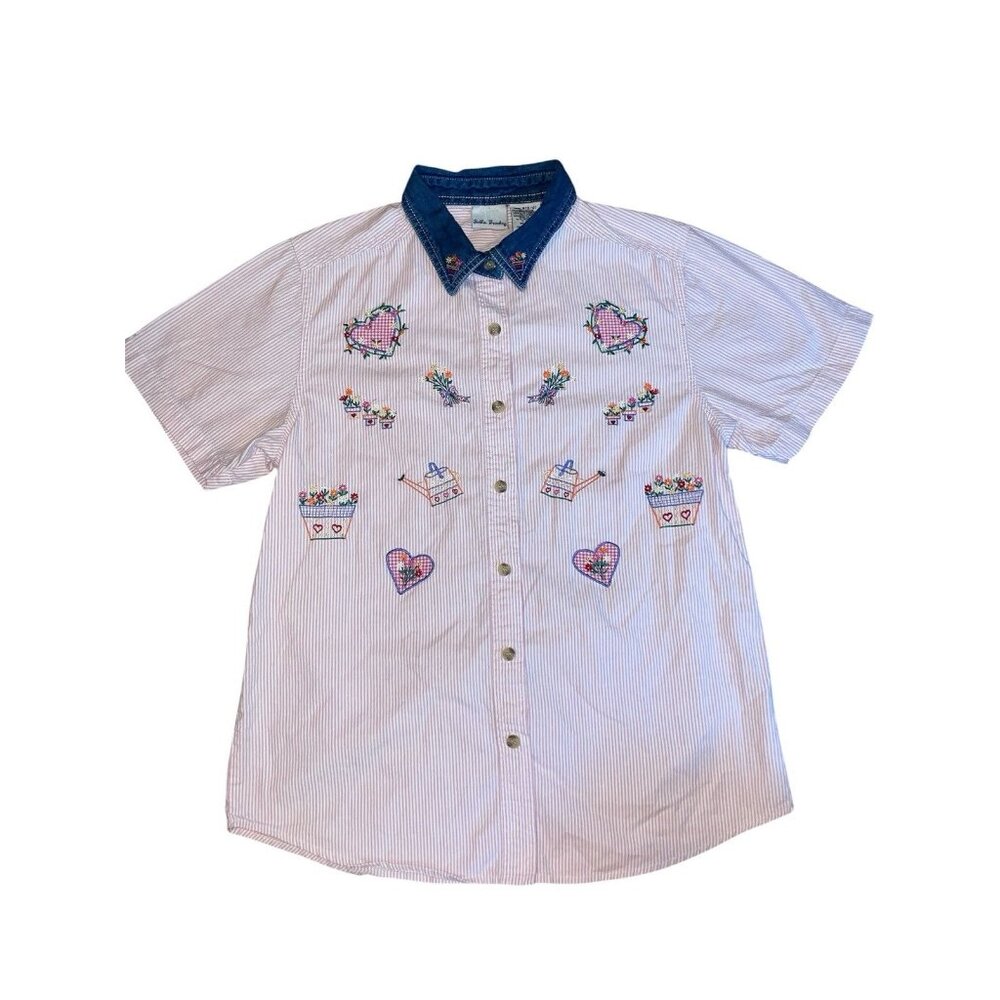 Bobbie Brooks Short Sleeve Shirt Women’s M Pink Striped Embroidered Denim Collar